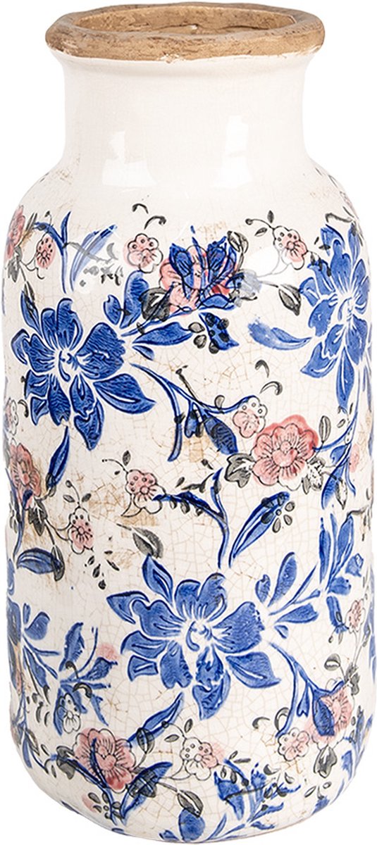 Clayre & Eef Vaas Ø 15x32 cm Beige Blauw Keramiek Bloemen