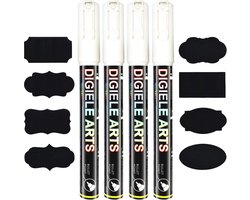 Witte Krijtstiften 3 mm - Omkeerbare Punt, Droog en Vochtig Afwasbaar - 4 Stuks met 16 Stickers - Ideaal voor Tafelfolie, Ramen en Glas