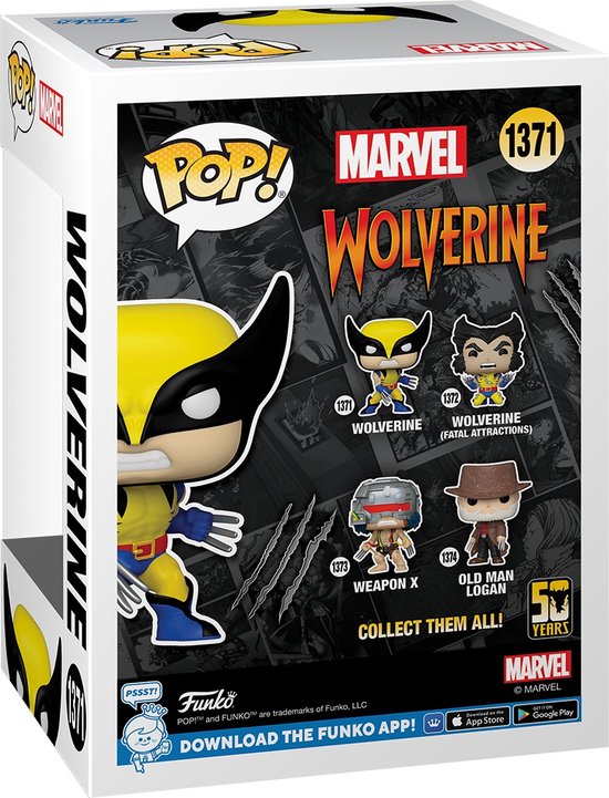 Doos van Funko Pop! Marvel Wolverine #1371, met afbeelding van de figuur en andere verzamelfiguren.