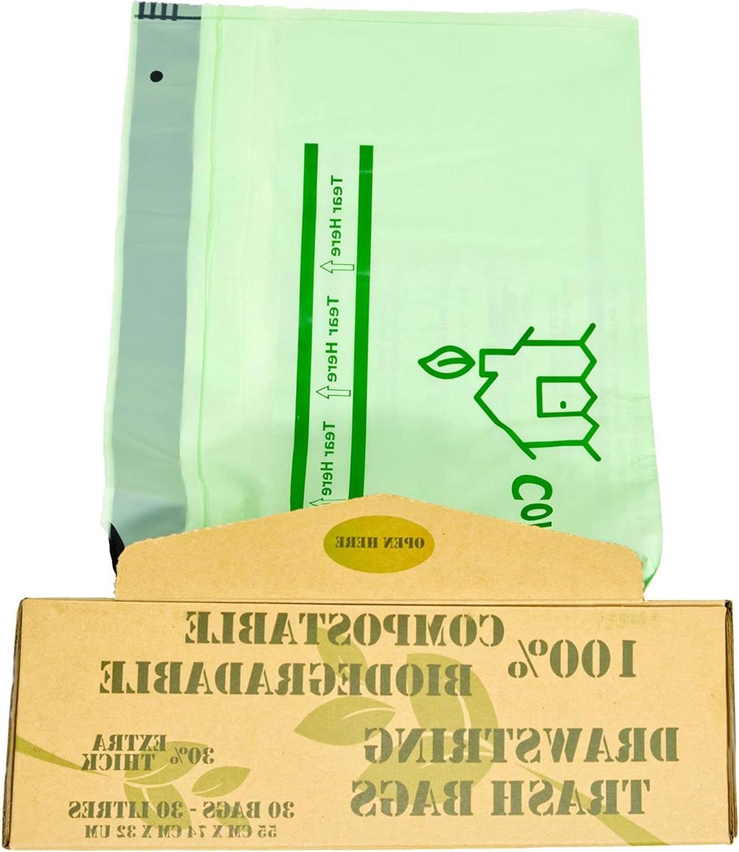 Goedkoopste Premium Composteerbare DROWNSTRING Vuilniszakken - 6L/10L/30L - Voedselafvalzakken - Biologisch afbreekbaar - Planten - Certificaat EN13432 - Home & Kitchen Bin