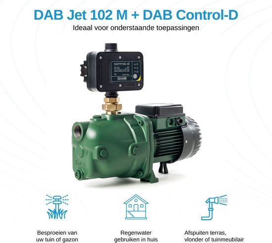 DAB Jet 102 M pomp met DAB Control-D controller, groen met zwarte onderdelen. Iconen tonen tuinbesproeiing, regenwatergebruik en terrasreiniging.