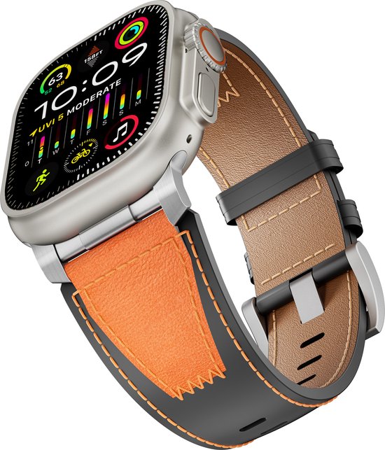 FFO2World Leren bandjes Geschikt voor Apple Watch 46mm (Series 10/11), 45mm (Series 7/8/9), 44mm (Series 4/5/6, SE 1/2/3), 42mm (Series 1/2/3), 49mm (Ultra 1/2/3), Top Genuine Leather Replacement Strap - Horlogebandje Leer - Zwart/oranje