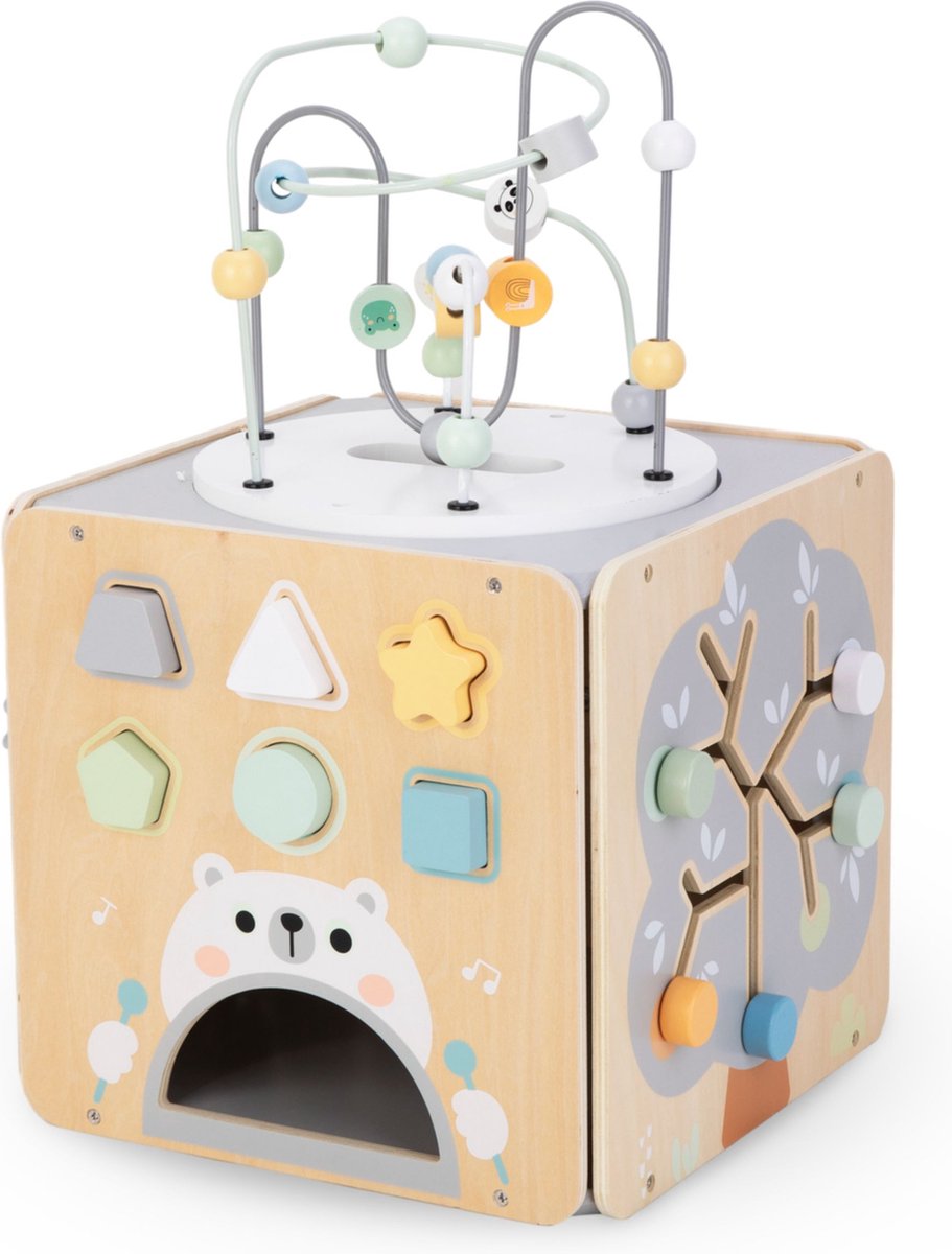 Mamabrum Grote houten activiteitenkubus met lus, gemotoriseerde lus, vormensorteerder, manipulatief doolhof, roterend doolhof educatief speelgoed Baby-activiteitskubus