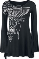 Zwart shirt met lange, wijde mouwen en steampunk opdruk met vleugels, tandwielen en sleutel.