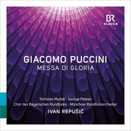Albumhoes met abstracte paarse en roze bloemblaadjes en tekst: Giacomo Puccini Messa di Gloria