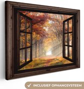 Canvas schilderij 80x60 cm - Wanddecoratie Herfst - Bos - Bomen - Natuur - Doorkijk - Muurdecoratie woonkamer - Slaapkamer decoratie - Kamer accessoires - Schilderijen