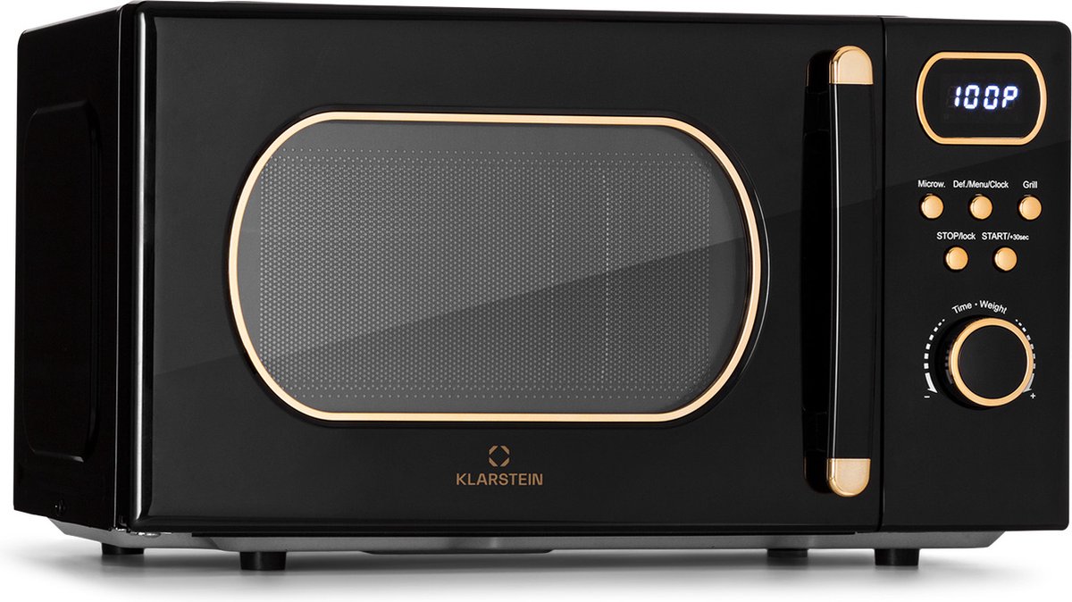Klarstein Magnetron met Grill, 800 W, 20 Liter, 3-in-1 RVS Zwart, Met Ontdooien en Pizzafunctie, Draaiplateau, Compact