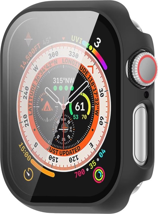 Zwarte hoes met glazen screenprotector voor Apple Watch Series 10/11, 42mm. Toont wijzerplaat met kompas en datum.