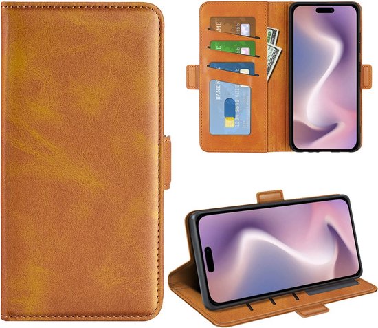 Étui portefeuille en cuir PU pour iPhone 16 Plus -- Fermeture magnétique - Housse de Luxe - Couvrant l'écran - Porte-cartes - Espèces - Espèces - Cartes marron clair