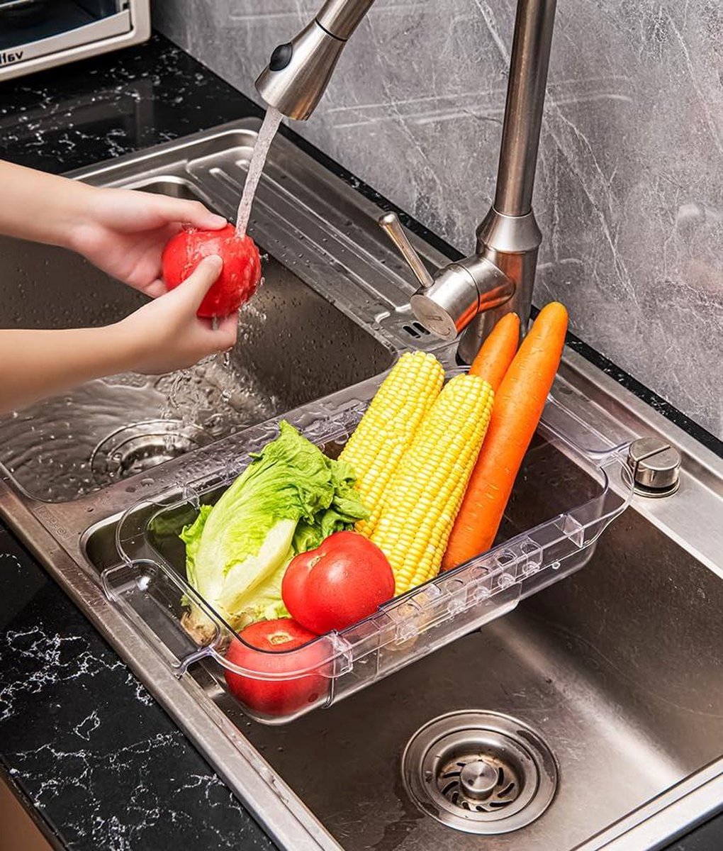 Roestvrijstalen zeefmand voor gootsteen, uittrekbaar, variabel, pastazeef en campingservies, groenten- en fruitwasser