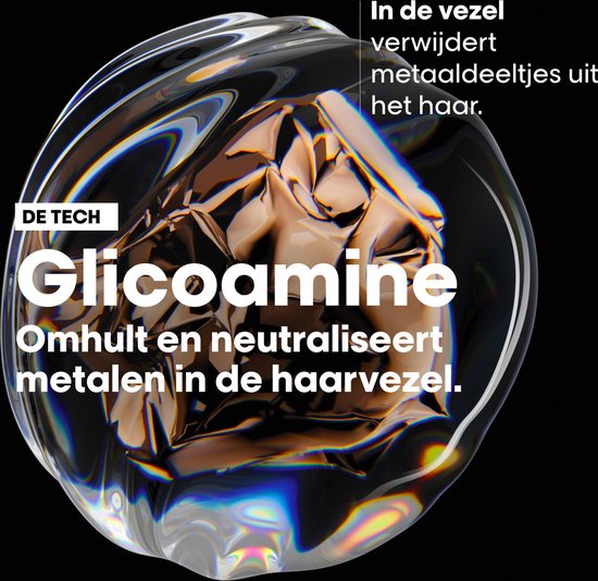 Abstracte weergave van Glicoamine dat metalen in de haarvezel omhult en neutraliseert.