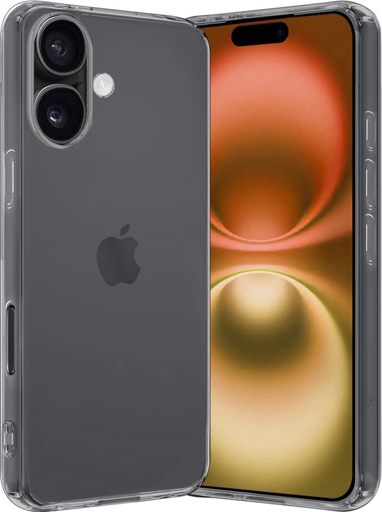 Coque transparente pour iPhone 16 Plus avec dos teinté foncé et logo Apple. Le téléphone est visible de face avec un fond orange-jaune.