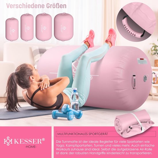 Opblaasbare Gymnastiekrol 100 x 60 cm - Inclusief Elektrische Luchtpomp en Draagtas - Tumbling, Yoga en Fitness Rol - Roze — afbeelding 5