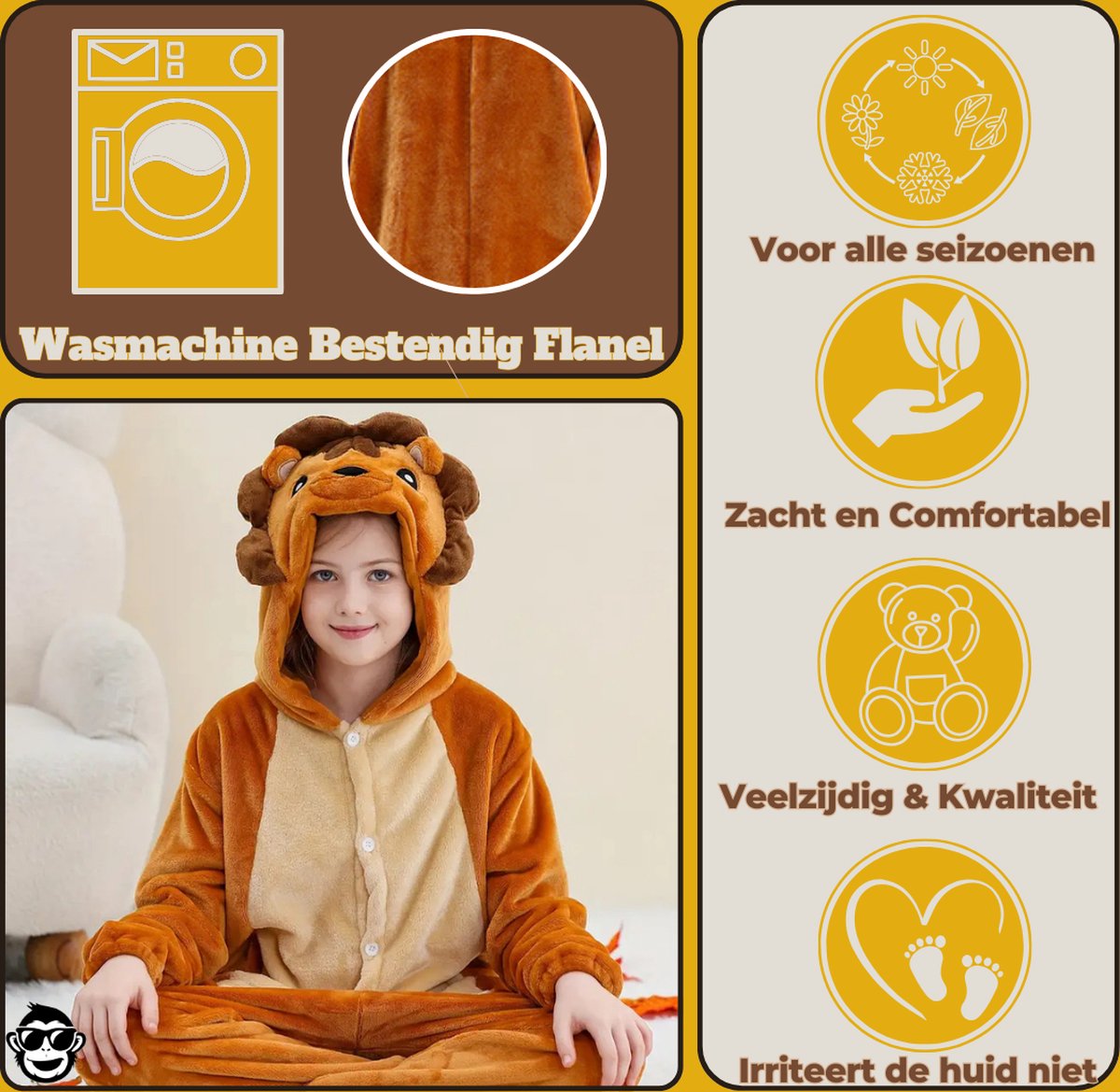 BoefieBoef Dieren Onesie Verkleedkleding Kinderen jaar – Comfortabele Kostuum Pyjama – tot 160 – Dierenpak voor Jongens en Meisjes – Feest, Carnaval of Dierenpak - Verkleedkleding - Halloween Dierenpak - Verjaardag Cadeau - Leeuw Bruin — afbeelding 3