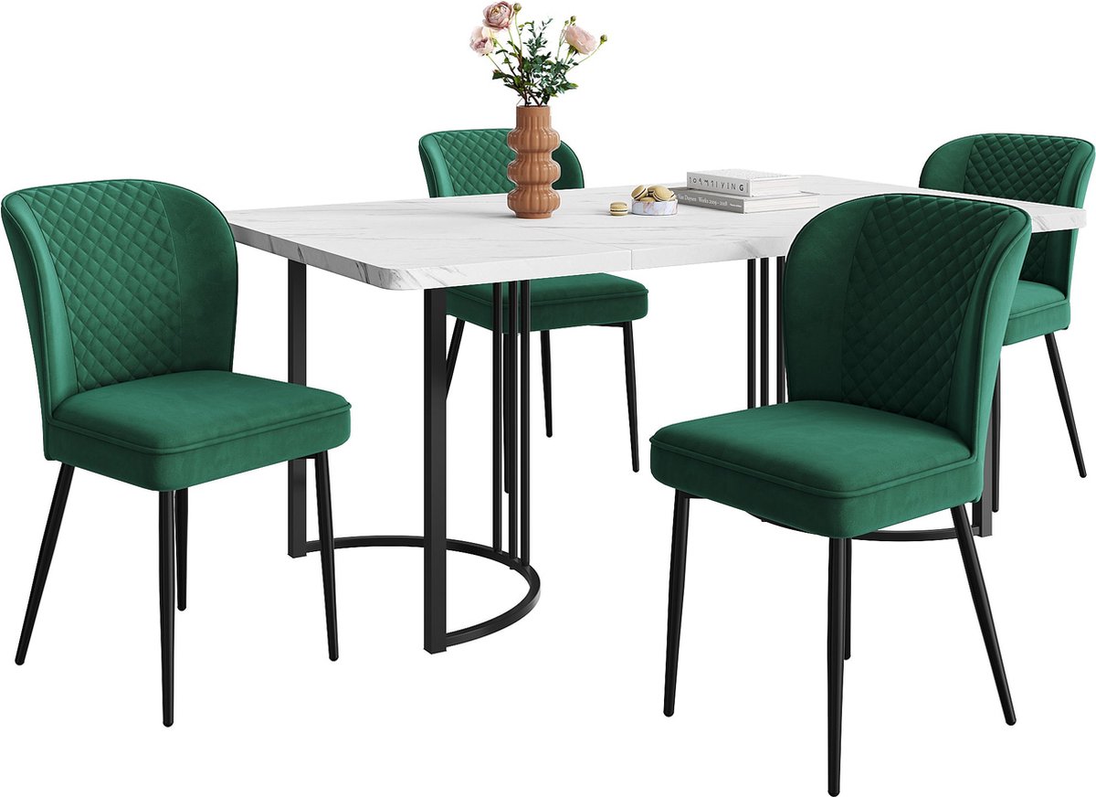 Merax Eetgroep Set (5-delig) - 140x80 cm Eettafel met 4 Donkergroene Samt Stoelen - Moderne MDF Tafel met Zwarte Metalen Poten