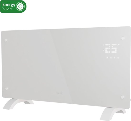 Witte glazen convectorverwarming met digitaal display en witte pootjes, met "Energy Saver" logo.
