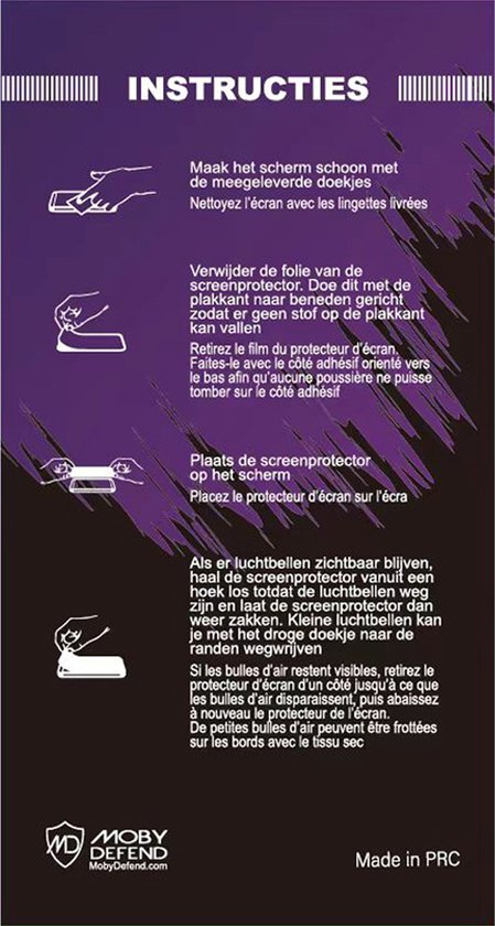 Instructies voor het aanbrengen van een screenprotector. Bevat 3 stappen.