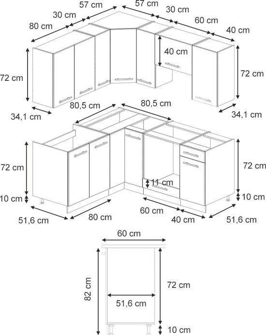 Vicco Fame- Line Corner Kitchen – 190 x 60 cm, WB Chêne Grijs/ beige / chêne doré