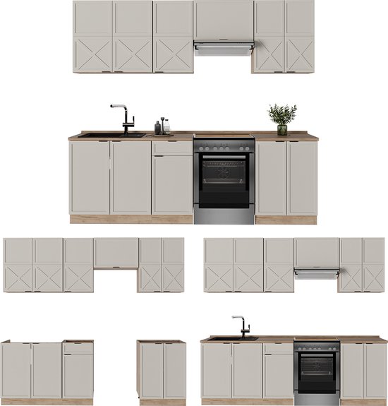 Vicco Fame- Line Meuble de cuisine complet – 240 cm, WB Chêne Grijs/ beige / chêne doré, WB Chêne