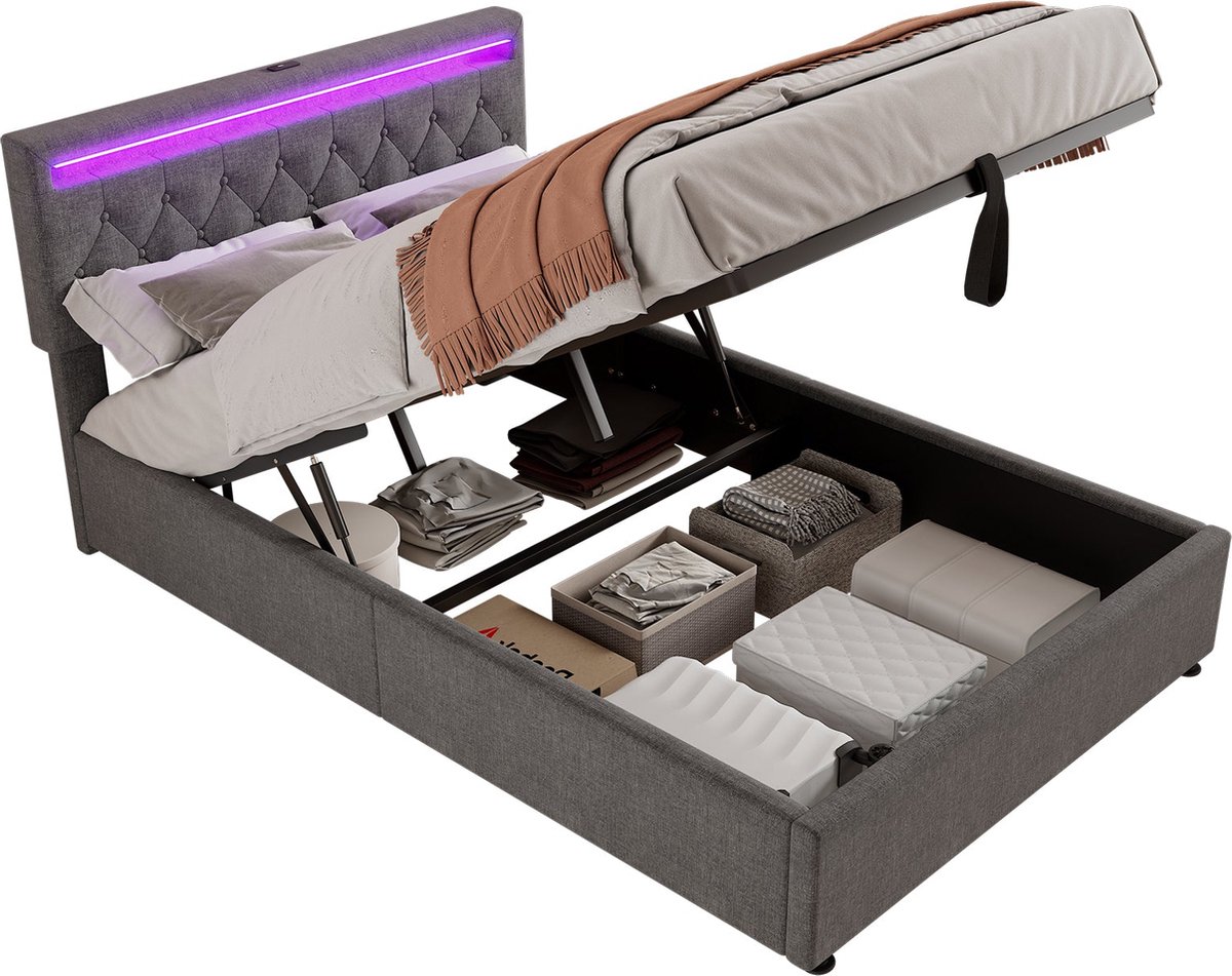 Merax Gestoffeerd Tweepersoonsbed met Hydraulisch Opbergruimte - Luxe Bed met USB-C en LED-Verlichting - Grijs Linnen