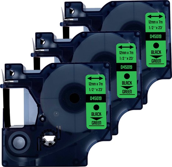 Drie zwarte labeltape cartridges met 12mm x 7m Zwart op Groen labels.