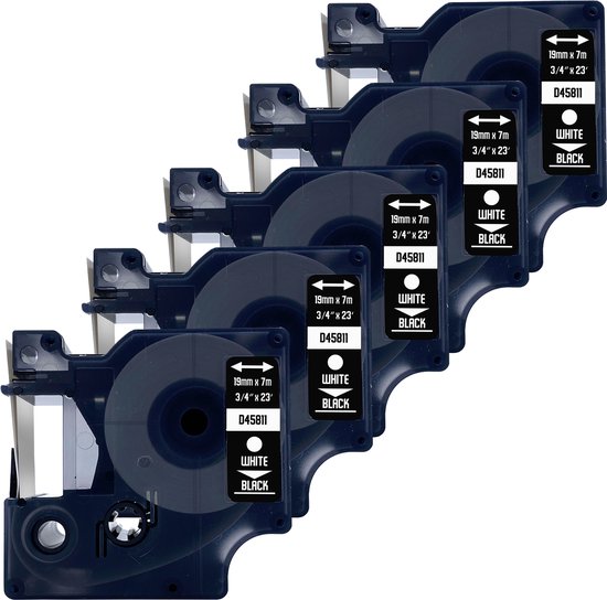 DULA Dymo D1 45811 - S0720910 - Compatible label tape - 5 lettertapes - Wit op zwart - 19mm x 7m