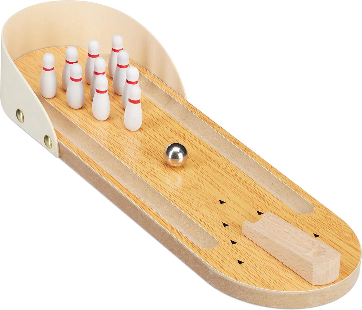 Relaxdays bowling tafelspel, mini bowlingbaan, set met 10 kegels, voor kinderen & volwassenen, vanaf 3 jaar, natuur