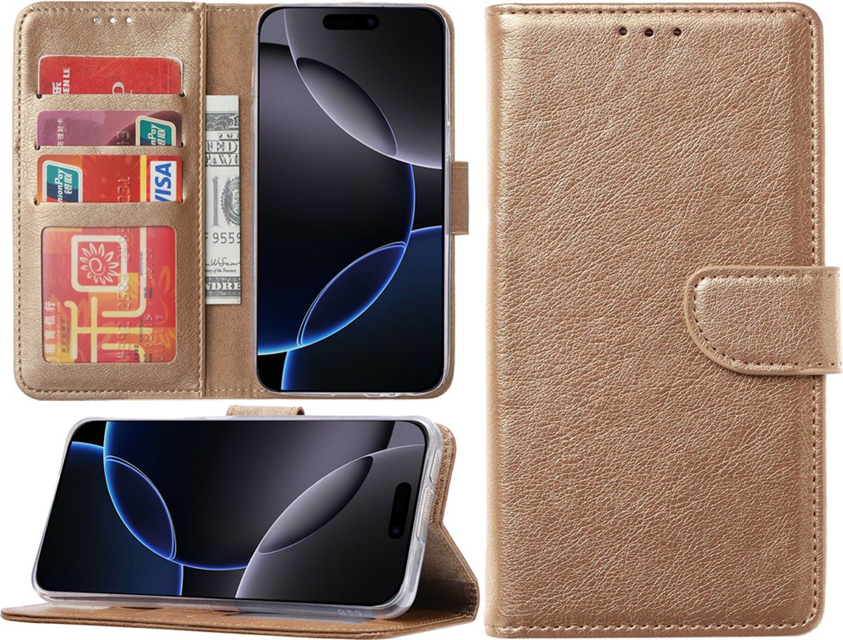 Hoesje Geschikt voor iPhone 16 Pro hoesje – portemonnee bookcase met pasjeshouder – Goud