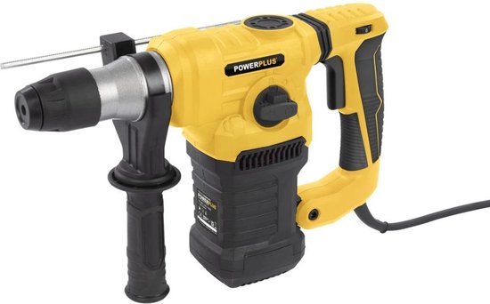 Gele Powerplus klopboormachine met zwarte accenten en een ronde extra handgreep.