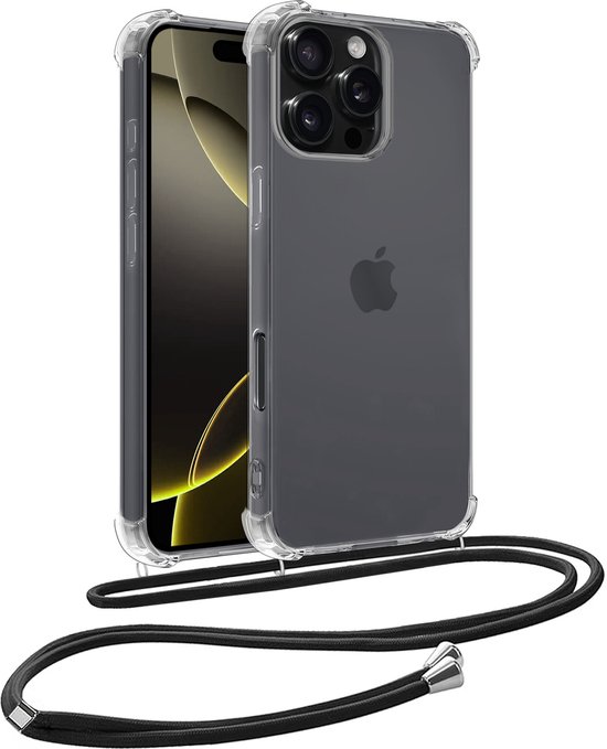iPhone 16 Pro Max dans une coque transparente antichoc avec un cordon de transport noir.