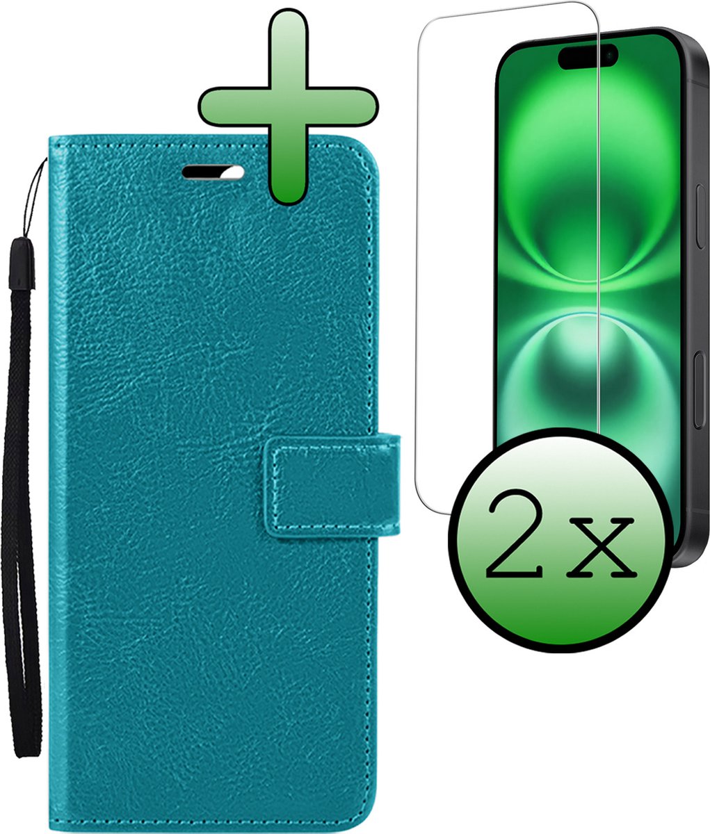 Hoesje Met 2x Screenprotector - Geschikt voor Apple iPhone 16 - Luxe Pasjeshouder - Bookcase Portemonee - Flip Case - Kunstleer Book Case - Flipcase Hoes - Book Cover - Walletcase - Portemonneehoes - Turquoise