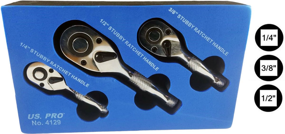 Ratel set met 3 korte ratels in foam inlay 1/4" - 3/8" en 1/2"