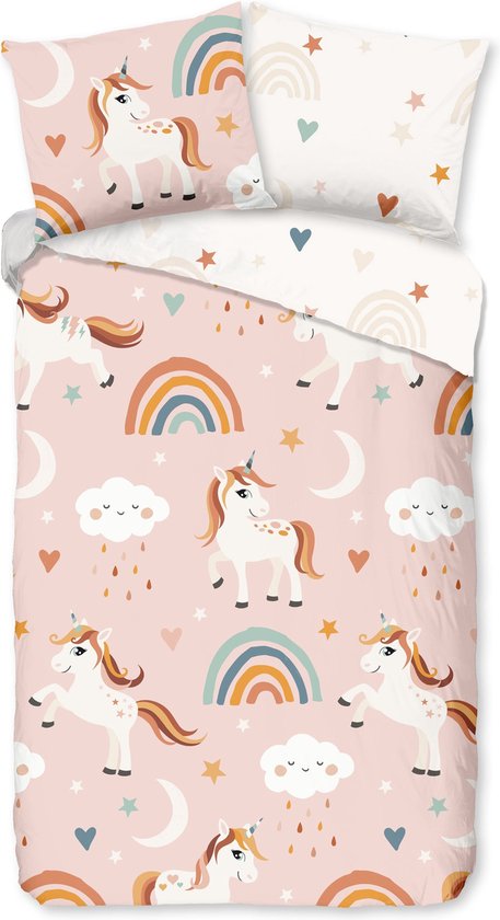 Dekbedovertrek voor Kinderen - 140x200 cm - Eenhoorns en Regenbogen Print - Roze - 1 Persoons - 100% Microfiber