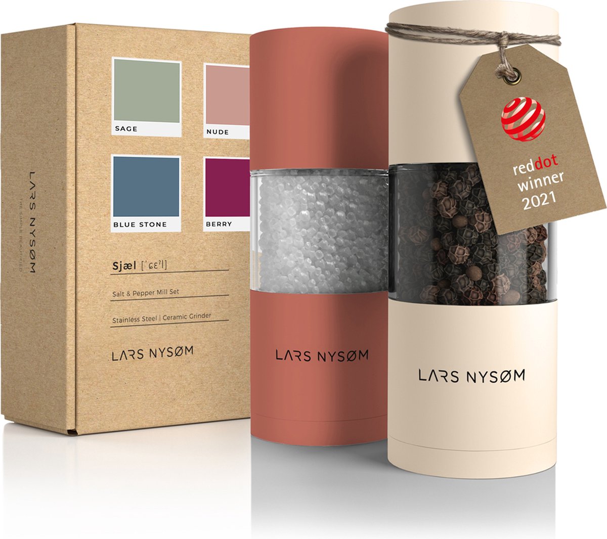 LARS NYSØM 'Sjæl' Peper en zoutmolen set Verstelbare maalgraad Roestvrijstaal Brick Buttercream
