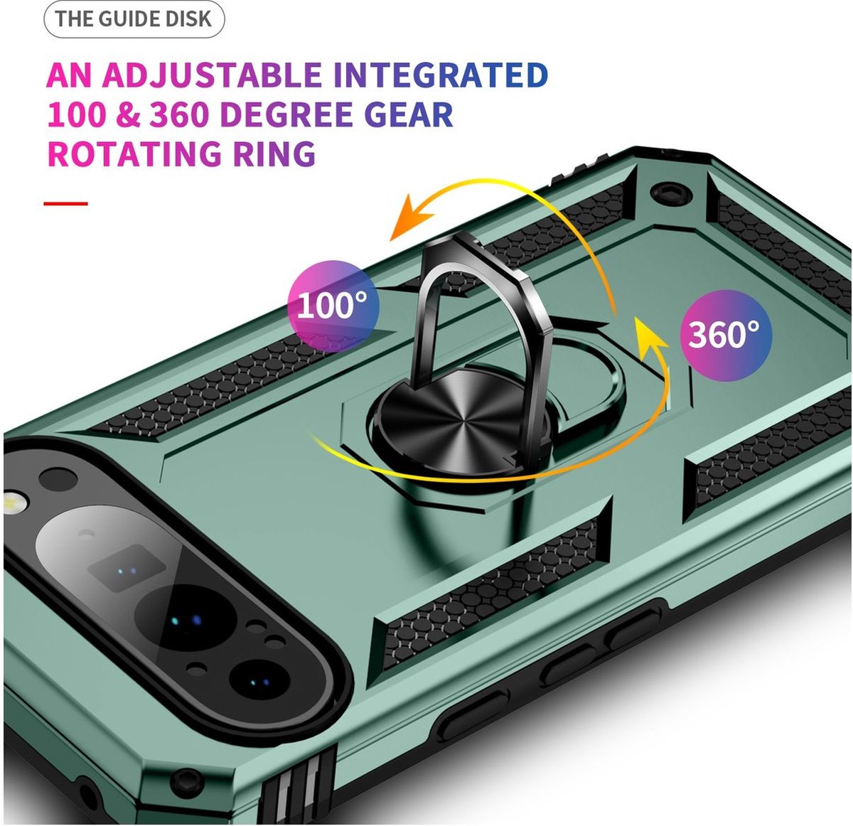 Mobigear Hoesje geschikt voor Google Pixel 9 Pro XL Telefoonhoesje Hardcase | Mobigear Armor Ring Backcover Shockproof met Ringhouder | Schokbestendig Pixel 9 Pro XL Telefoonhoesje | Anti Shock Proof - Groen