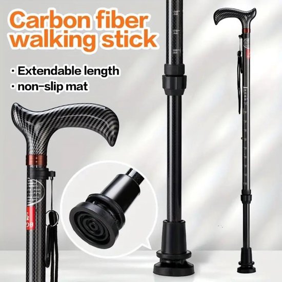 Zwarte carbon fiber wandelstok met gebogen handvat. Verstelbare lengte en antislipvoet.
