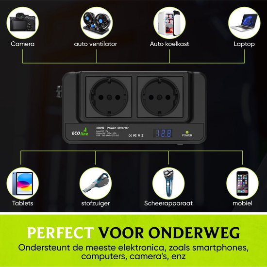 EcoLine 200W power inverter met twee stopcontacten en vier USB-poorten, toont diverse apparaten die ermee opgeladen kunnen worden.