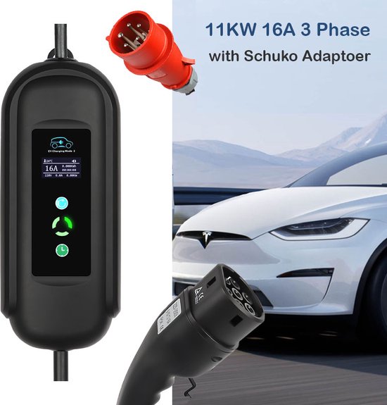 BlackCharge® 3.0 Voordeelbundel (10M) mobiele lader 3.7kW incl. timer - Type 2 naar Schuko Stekker - 16A 1 Fase incl. timer + muurbeugel (zwart) en wandhouder