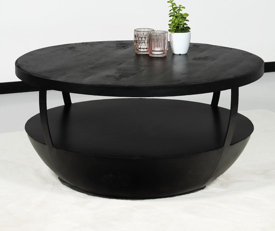 Salontafel rond mangohout Kayleigh 80x80 zwart side table industrieel ...