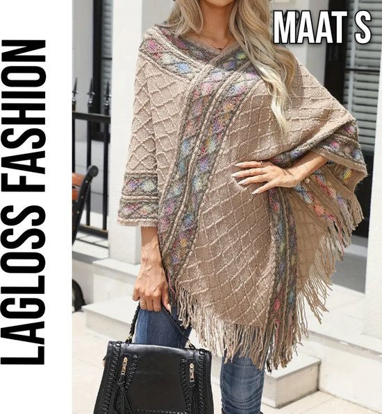 LaGloss® Poncho Taupe met Kleurrijk Patroon & Kwastjes - Maat S **