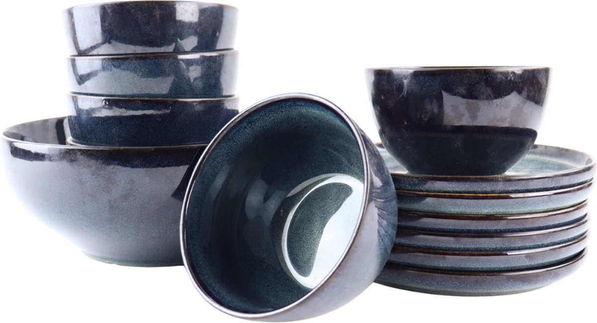 OTIX Serviesset - 6 Persoons - met Bordenset - Soepkommen - Serveerschaal - EBONY