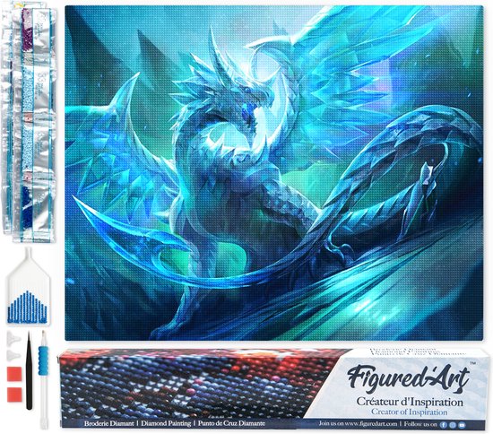 Set de peinture diamant Figured Art avec image de dragon bleu, sachets de diamants et outils.