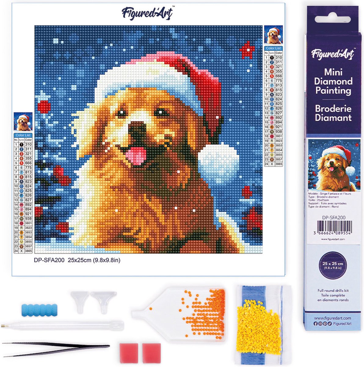 Figured'Art Mini Diamond Painting set Volwassenen 25x25 cm Hond in Besneeuwde Kerst - 5D DIY Art full drill ronde diamant - Opgerold canvas