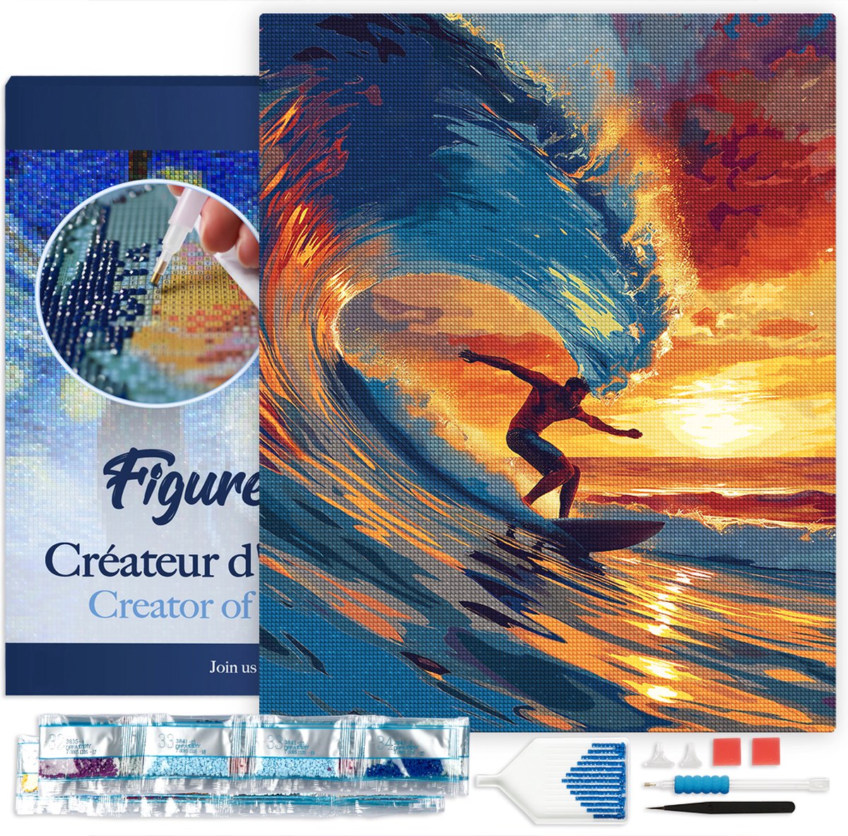 Figured'Art Diamond Painting set Volwassenen 40x50 cm Surfer meisje en de grote golf