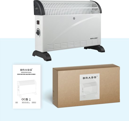 Witte convector kachel, instructiehandleiding en verpakking. Afmetingen: 53x38x20 cm.