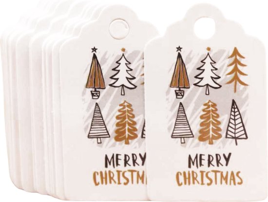 Kerst - set van 100 labels kerstbomen - 5x3 cm - cadeaulabels - prijslabels - stevig karton - uitgestanst gaatje - eenzijdige print