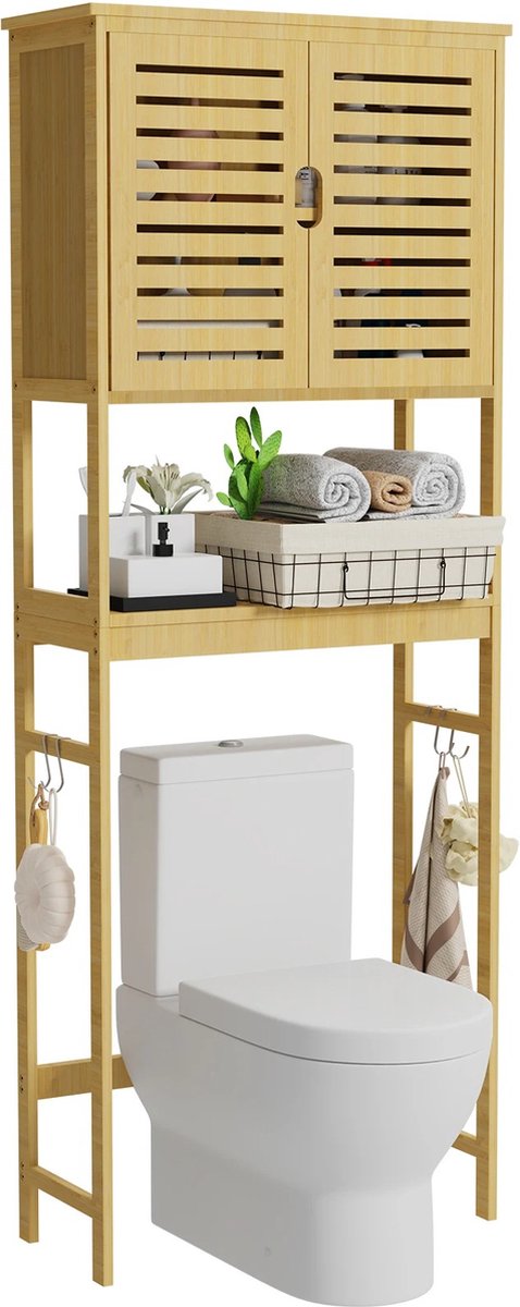 MensStore Badkamerkast - Badkamermeubel - Toilet Organizer - Wasmachine Kast - 26x63x174 cm - Bamboe - Vrijstaand - 3 Planken - Deurtjes