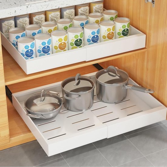 WELLTE Uitschuifbare Keukenlade, Telescoop Lade Organizer (32-52 cm B x 53 cm D x 7,5 cm H), Zelfklevende Lade zonder Boren of Spijkers, Wit, 2 Stukken