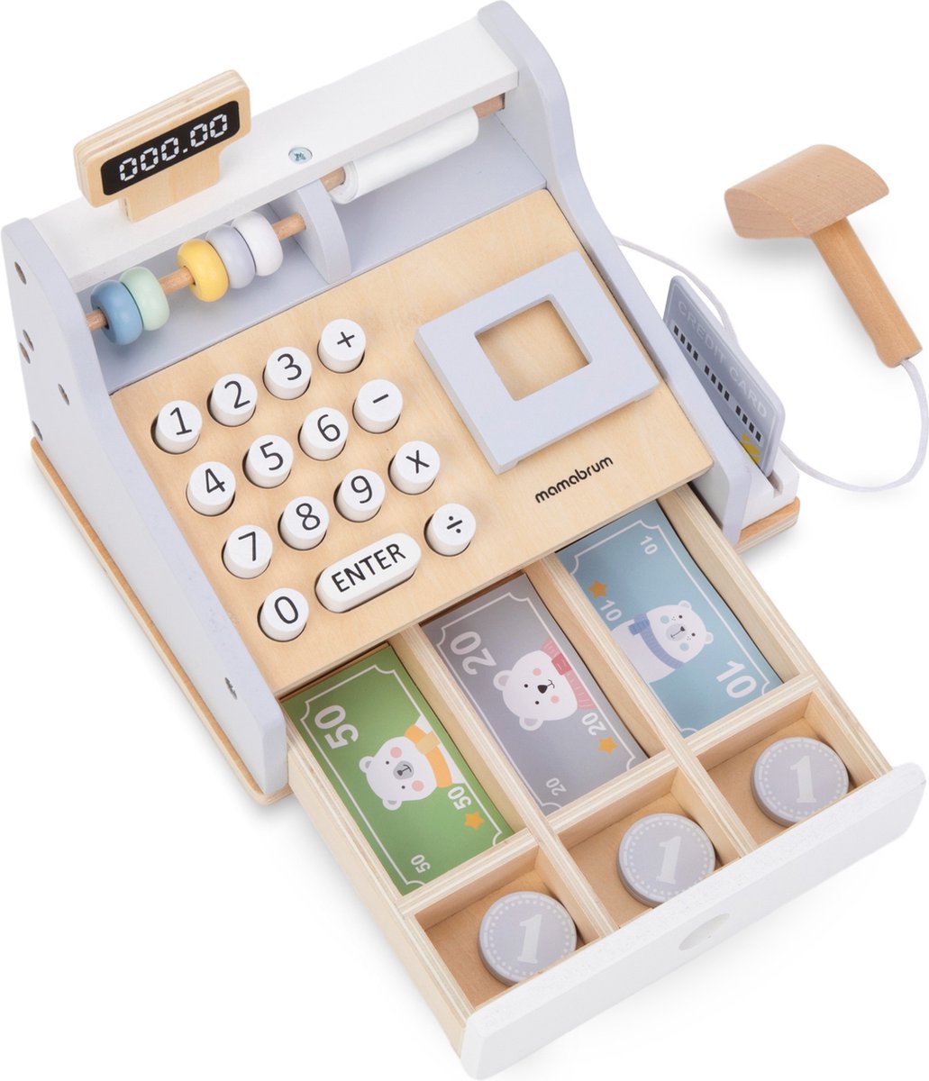 Mamabrum, houten kassa met toebehoren, voorzien van numeriek toetsenbord, telraam en houten scanner, voor kinderen vanaf 3 jaar, winkelaccessoires kassa, speelkassa