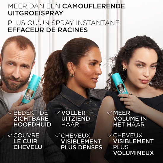 Drie personen demonstreren de voordelen van L'Oréal Paris Magic Retouch: bedekte hoofdhuid, voller en volumineuzer haar.
